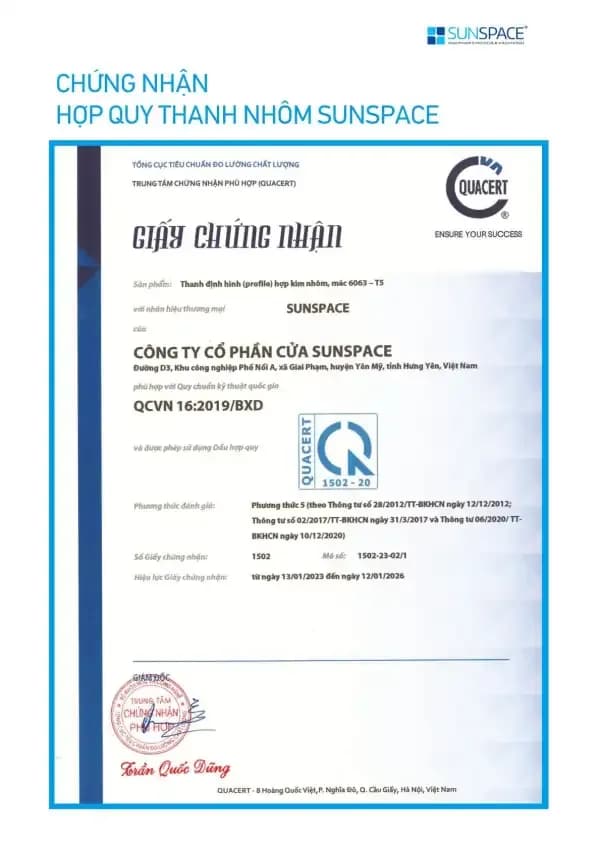 Chứng nhận Hợp quy thanh nhôm Sunspace