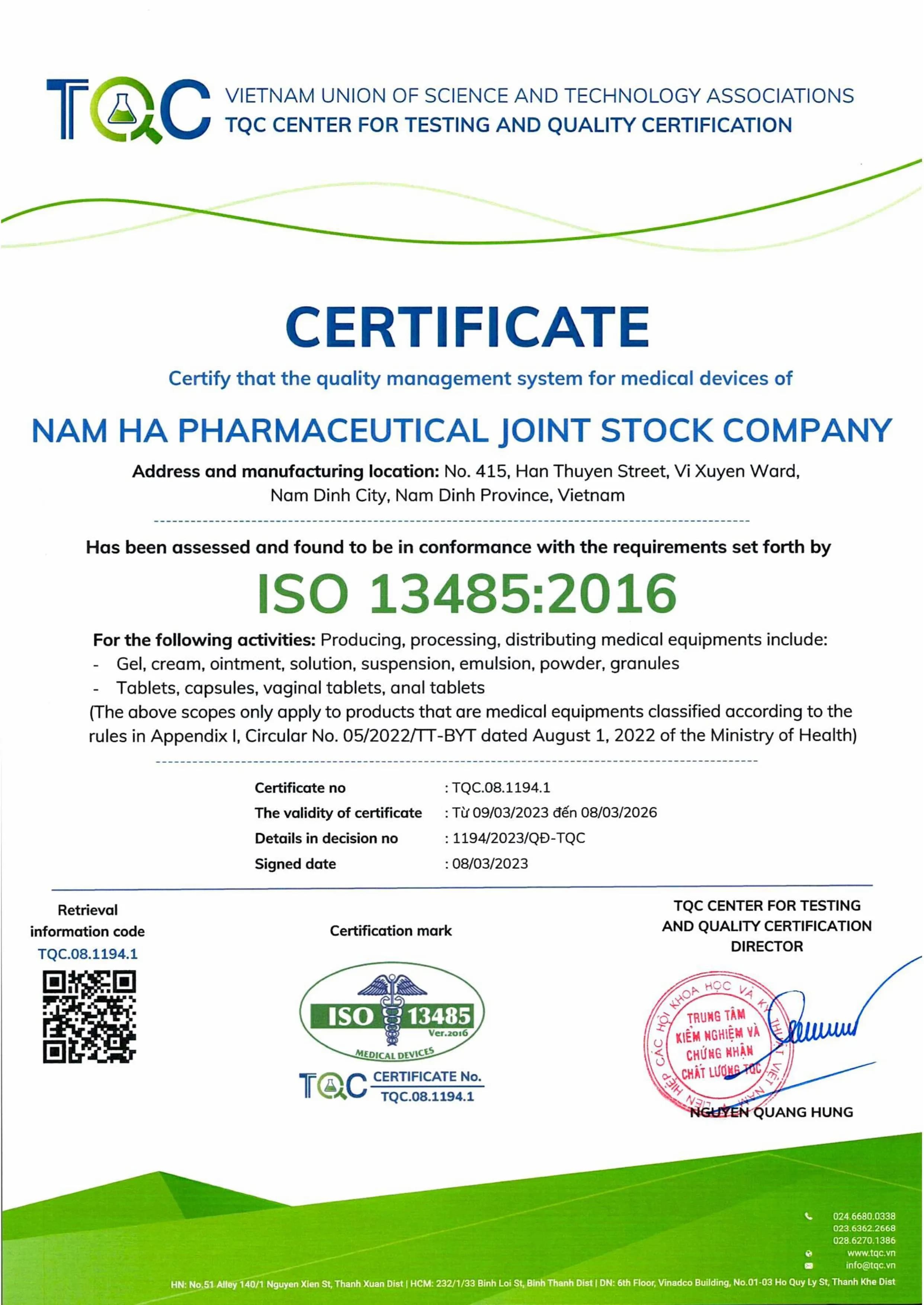 CHỨNG NHẬN ISO 13485:2016