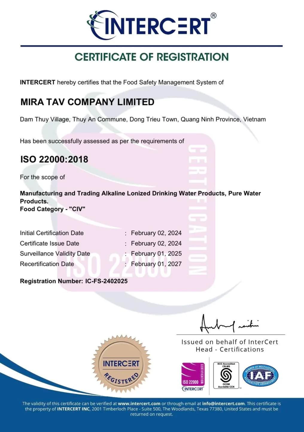 Chứng chỉ đạt chất lượng ISO 22000:2018