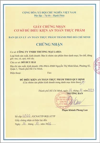 GIÁY CHỨNG NHẬN VỆ SINH AN TOÀN THỰC PHẨM